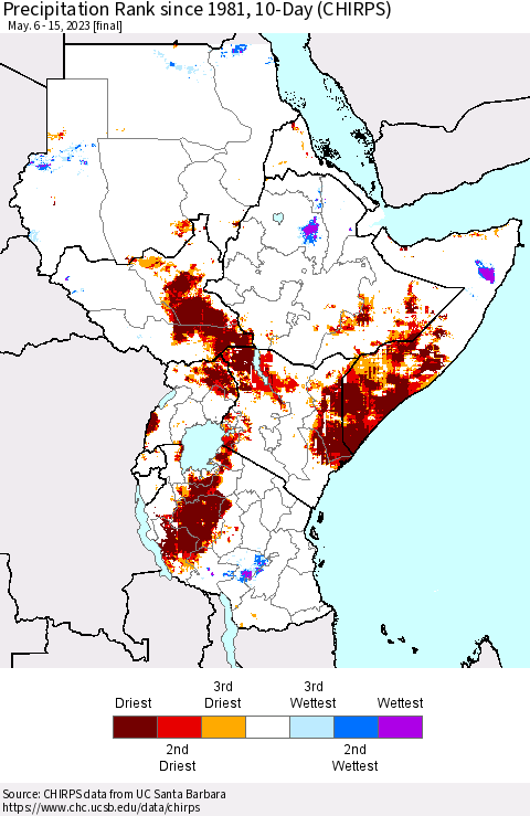 Eastern Africa Precipitation Rank since 1981, 10-Day (CHIRPS) Thematic Map For 5/6/2023 - 5/15/2023