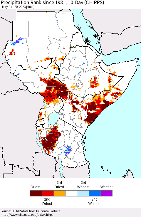 Eastern Africa Precipitation Rank since 1981, 10-Day (CHIRPS) Thematic Map For 5/11/2023 - 5/20/2023