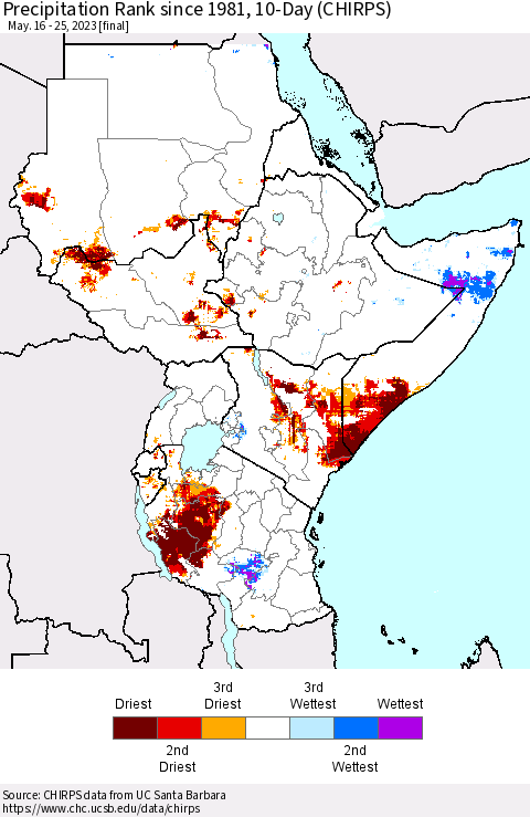 Eastern Africa Precipitation Rank since 1981, 10-Day (CHIRPS) Thematic Map For 5/16/2023 - 5/25/2023