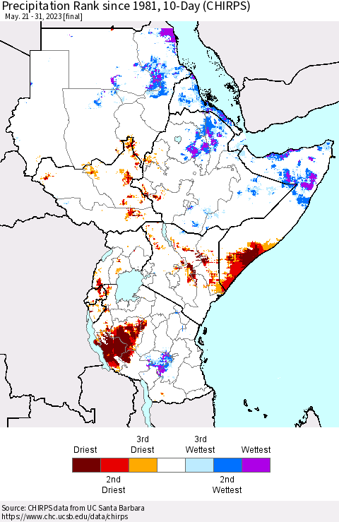 Eastern Africa Precipitation Rank since 1981, 10-Day (CHIRPS) Thematic Map For 5/21/2023 - 5/31/2023