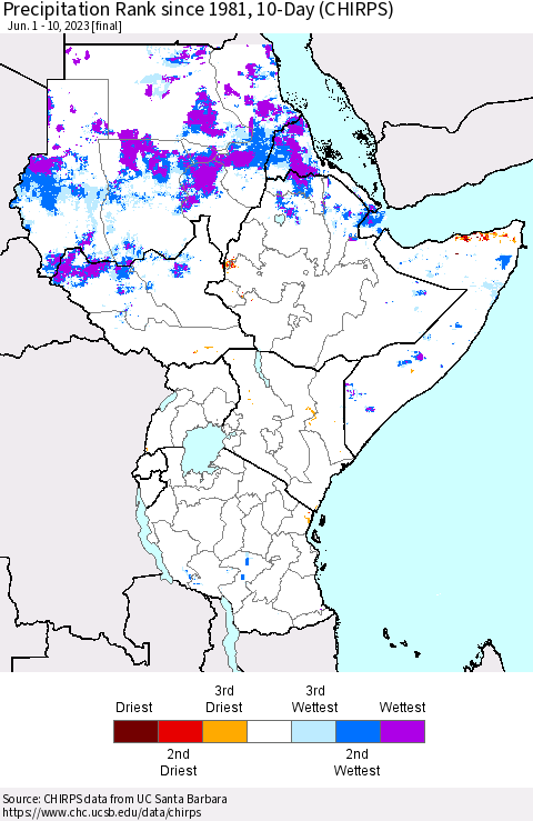 Eastern Africa Precipitation Rank since 1981, 10-Day (CHIRPS) Thematic Map For 6/1/2023 - 6/10/2023