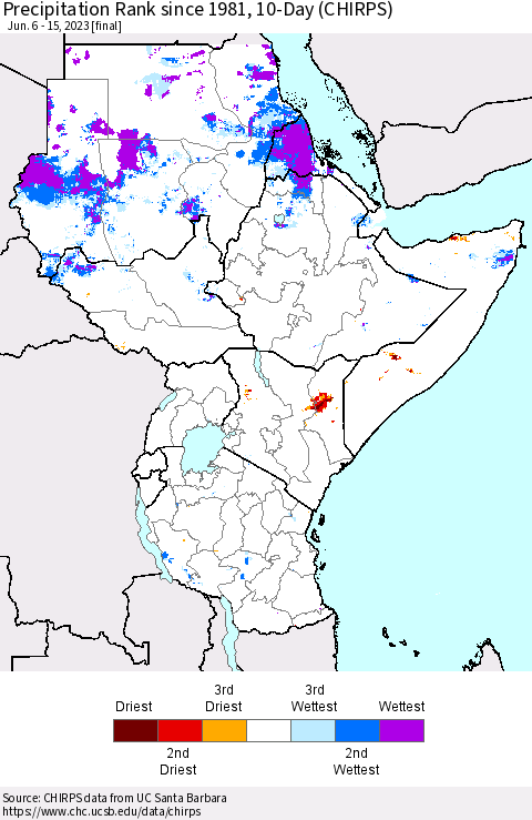 Eastern Africa Precipitation Rank since 1981, 10-Day (CHIRPS) Thematic Map For 6/6/2023 - 6/15/2023