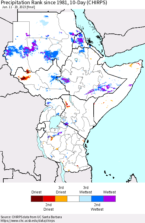 Eastern Africa Precipitation Rank since 1981, 10-Day (CHIRPS) Thematic Map For 6/11/2023 - 6/20/2023