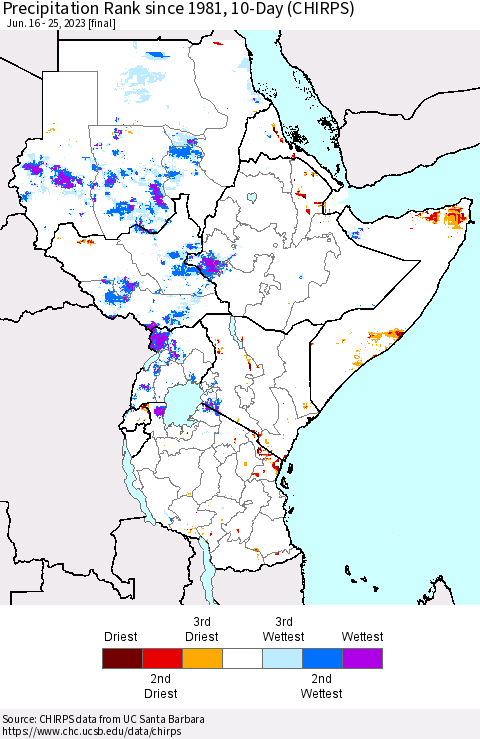 Eastern Africa Precipitation Rank since 1981, 10-Day (CHIRPS) Thematic Map For 6/16/2023 - 6/25/2023