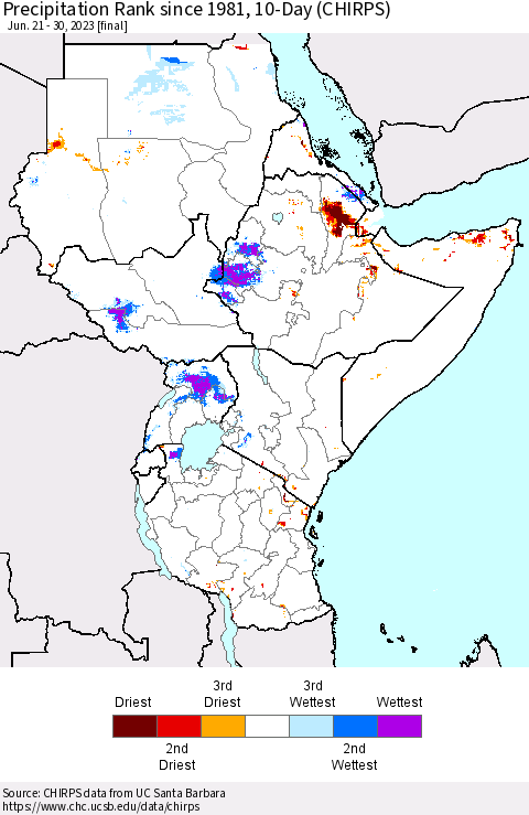 Eastern Africa Precipitation Rank since 1981, 10-Day (CHIRPS) Thematic Map For 6/21/2023 - 6/30/2023