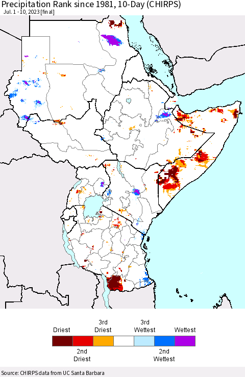 Eastern Africa Precipitation Rank since 1981, 10-Day (CHIRPS) Thematic Map For 7/1/2023 - 7/10/2023