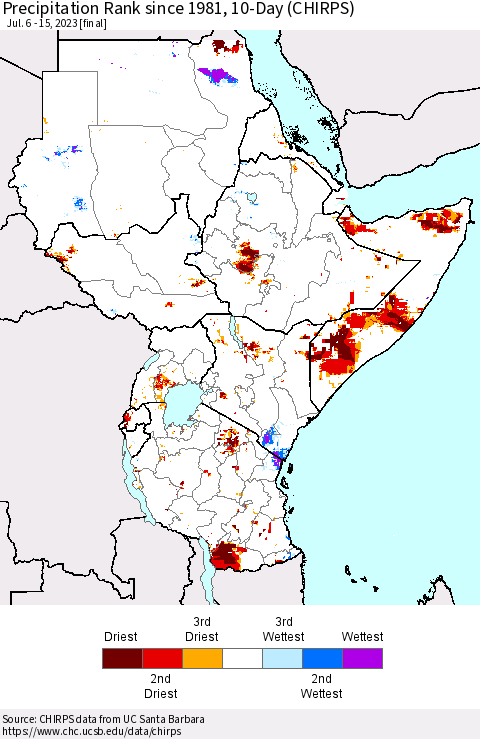 Eastern Africa Precipitation Rank since 1981, 10-Day (CHIRPS) Thematic Map For 7/6/2023 - 7/15/2023