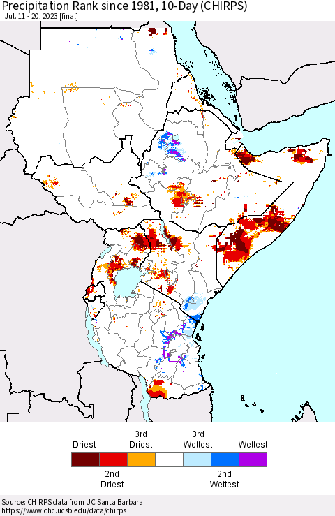 Eastern Africa Precipitation Rank since 1981, 10-Day (CHIRPS) Thematic Map For 7/11/2023 - 7/20/2023
