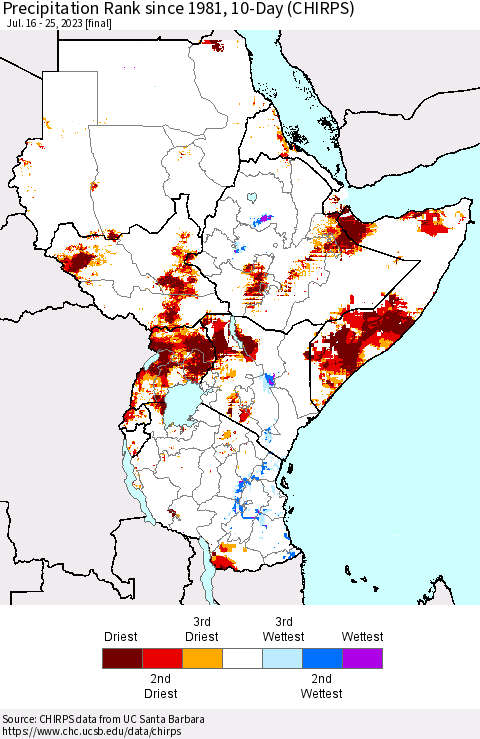 Eastern Africa Precipitation Rank since 1981, 10-Day (CHIRPS) Thematic Map For 7/16/2023 - 7/25/2023