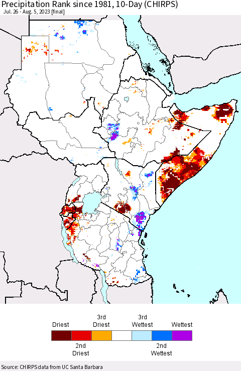 Eastern Africa Precipitation Rank since 1981, 10-Day (CHIRPS) Thematic Map For 7/26/2023 - 8/5/2023