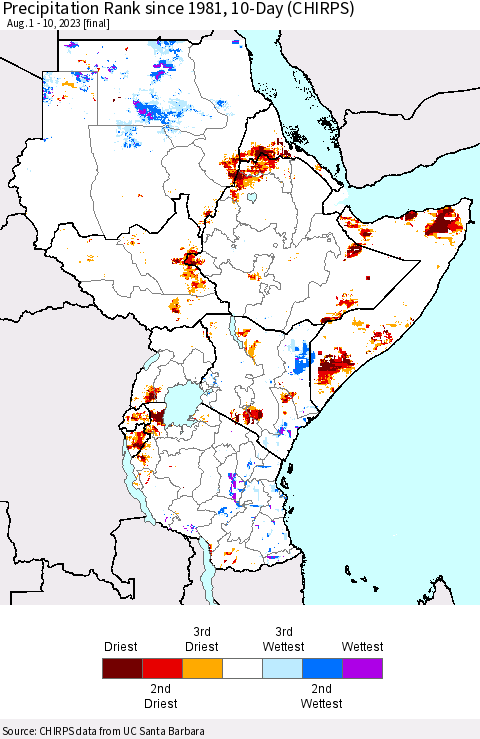 Eastern Africa Precipitation Rank since 1981, 10-Day (CHIRPS) Thematic Map For 8/1/2023 - 8/10/2023