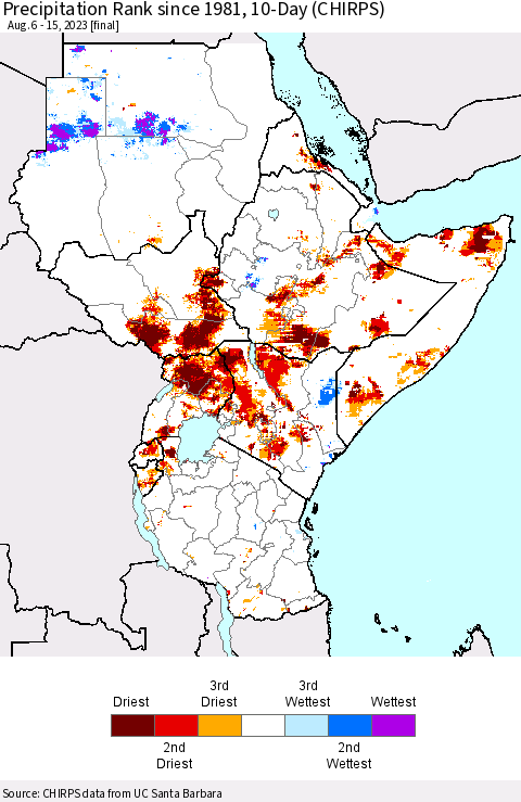 Eastern Africa Precipitation Rank since 1981, 10-Day (CHIRPS) Thematic Map For 8/6/2023 - 8/15/2023