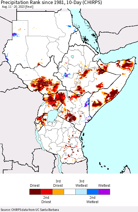 Eastern Africa Precipitation Rank since 1981, 10-Day (CHIRPS) Thematic Map For 8/11/2023 - 8/20/2023