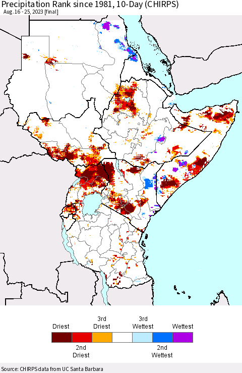 Eastern Africa Precipitation Rank since 1981, 10-Day (CHIRPS) Thematic Map For 8/16/2023 - 8/25/2023