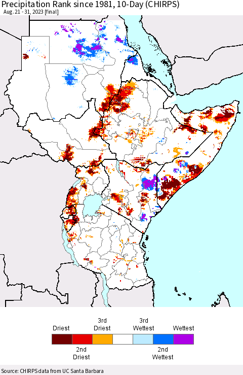 Eastern Africa Precipitation Rank since 1981, 10-Day (CHIRPS) Thematic Map For 8/21/2023 - 8/31/2023