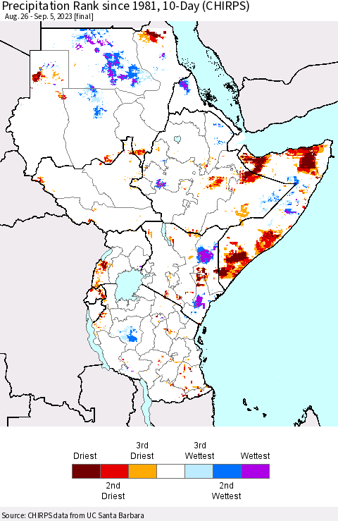 Eastern Africa Precipitation Rank since 1981, 10-Day (CHIRPS) Thematic Map For 8/26/2023 - 9/5/2023
