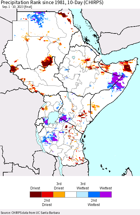 Eastern Africa Precipitation Rank since 1981, 10-Day (CHIRPS) Thematic Map For 9/1/2023 - 9/10/2023