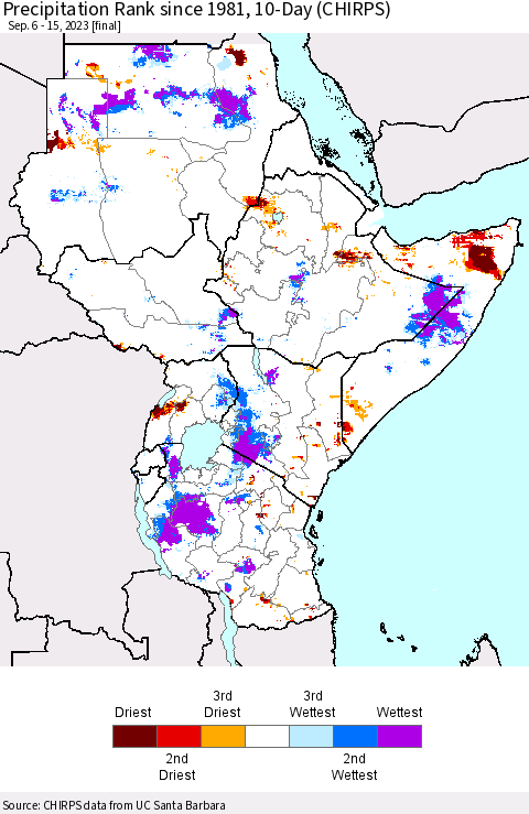 Eastern Africa Precipitation Rank since 1981, 10-Day (CHIRPS) Thematic Map For 9/6/2023 - 9/15/2023