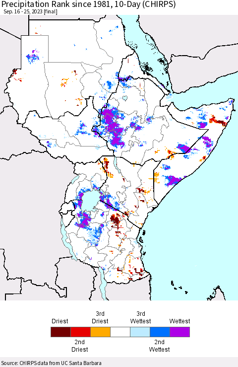 Eastern Africa Precipitation Rank since 1981, 10-Day (CHIRPS) Thematic Map For 9/16/2023 - 9/25/2023