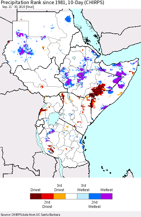 Eastern Africa Precipitation Rank since 1981, 10-Day (CHIRPS) Thematic Map For 9/21/2023 - 9/30/2023