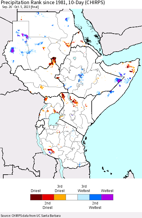 Eastern Africa Precipitation Rank since 1981, 10-Day (CHIRPS) Thematic Map For 9/26/2023 - 10/5/2023
