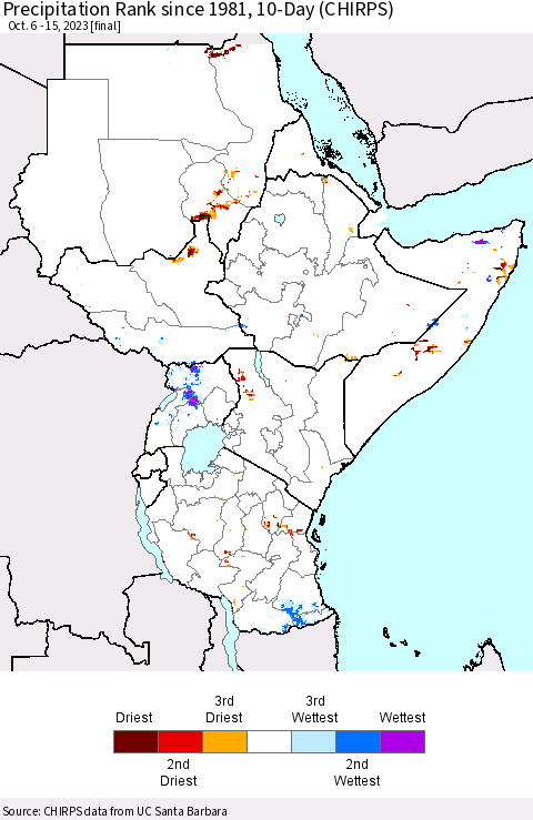 Eastern Africa Precipitation Rank since 1981, 10-Day (CHIRPS) Thematic Map For 10/6/2023 - 10/15/2023