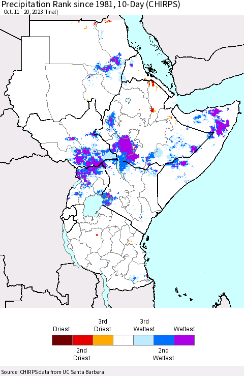 Eastern Africa Precipitation Rank since 1981, 10-Day (CHIRPS) Thematic Map For 10/11/2023 - 10/20/2023
