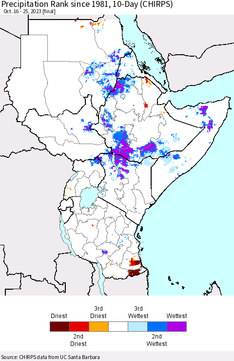 Eastern Africa Precipitation Rank since 1981, 10-Day (CHIRPS) Thematic Map For 10/16/2023 - 10/25/2023