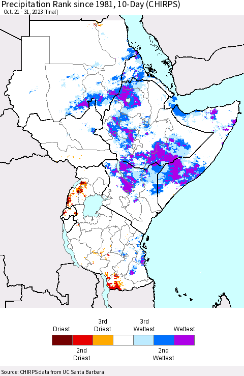 Eastern Africa Precipitation Rank since 1981, 10-Day (CHIRPS) Thematic Map For 10/21/2023 - 10/31/2023