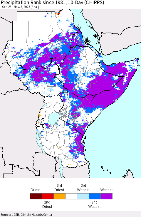 Eastern Africa Precipitation Rank since 1981, 10-Day (CHIRPS) Thematic Map For 10/26/2023 - 11/5/2023