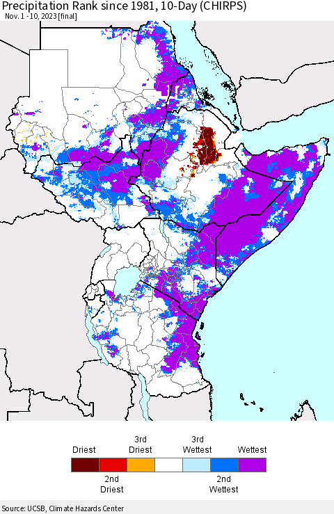 Eastern Africa Precipitation Rank since 1981, 10-Day (CHIRPS) Thematic Map For 11/1/2023 - 11/10/2023