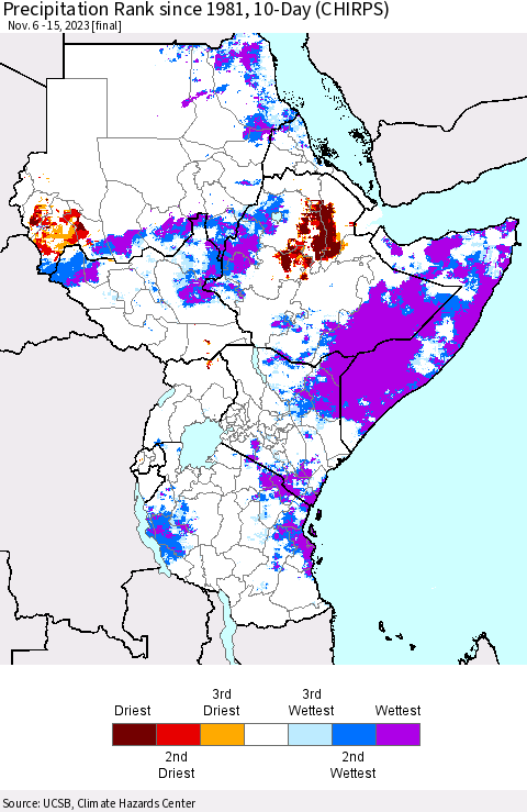 Eastern Africa Precipitation Rank since 1981, 10-Day (CHIRPS) Thematic Map For 11/6/2023 - 11/15/2023