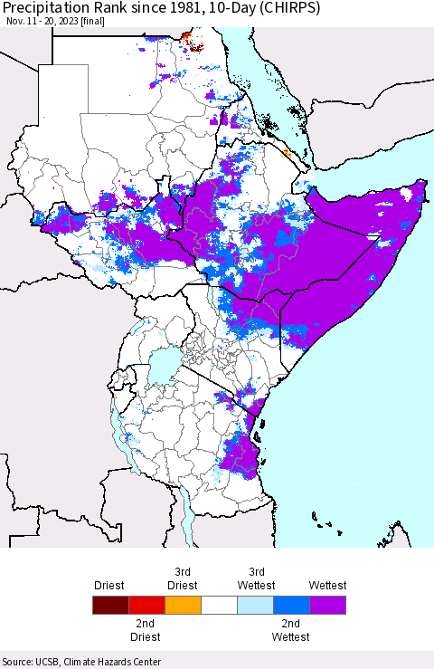Eastern Africa Precipitation Rank since 1981, 10-Day (CHIRPS) Thematic Map For 11/11/2023 - 11/20/2023