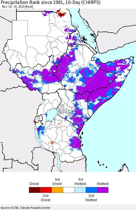 Eastern Africa Precipitation Rank since 1981, 10-Day (CHIRPS) Thematic Map For 11/16/2023 - 11/25/2023