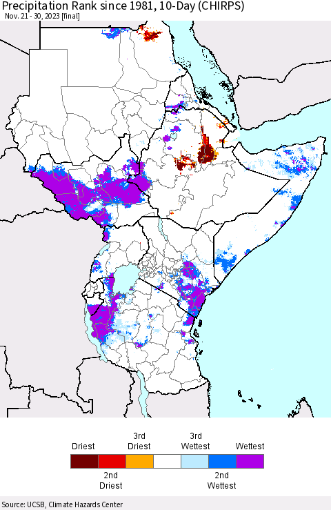 Eastern Africa Precipitation Rank since 1981, 10-Day (CHIRPS) Thematic Map For 11/21/2023 - 11/30/2023