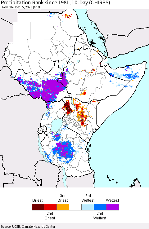 Eastern Africa Precipitation Rank since 1981, 10-Day (CHIRPS) Thematic Map For 11/26/2023 - 12/5/2023