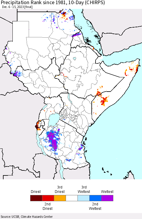 Eastern Africa Precipitation Rank since 1981, 10-Day (CHIRPS) Thematic Map For 12/6/2023 - 12/15/2023
