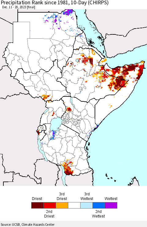 Eastern Africa Precipitation Rank since 1981, 10-Day (CHIRPS) Thematic Map For 12/11/2023 - 12/20/2023