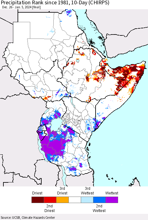 Eastern Africa Precipitation Rank since 1981, 10-Day (CHIRPS) Thematic Map For 12/26/2023 - 1/5/2024