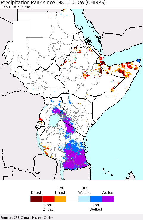 Eastern Africa Precipitation Rank since 1981, 10-Day (CHIRPS) Thematic Map For 1/1/2024 - 1/10/2024