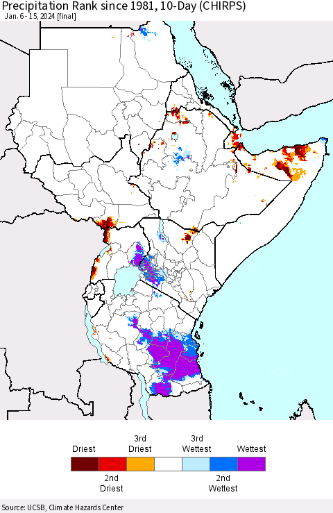 Eastern Africa Precipitation Rank since 1981, 10-Day (CHIRPS) Thematic Map For 1/6/2024 - 1/15/2024
