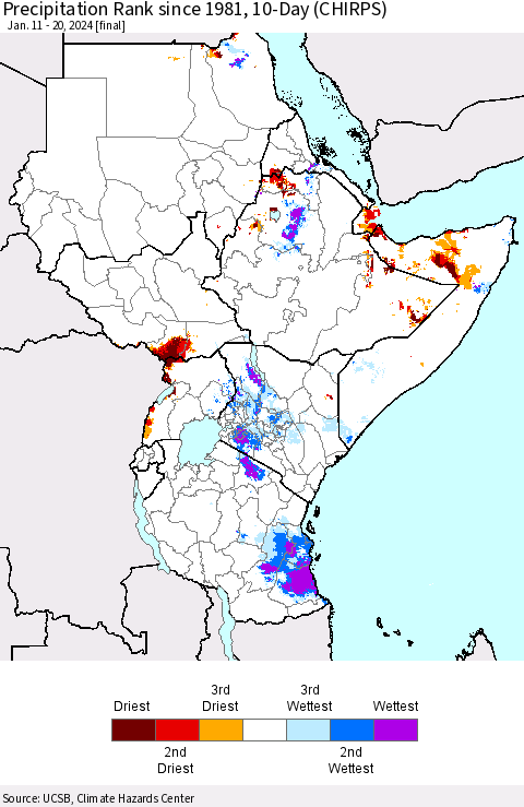 Eastern Africa Precipitation Rank since 1981, 10-Day (CHIRPS) Thematic Map For 1/11/2024 - 1/20/2024