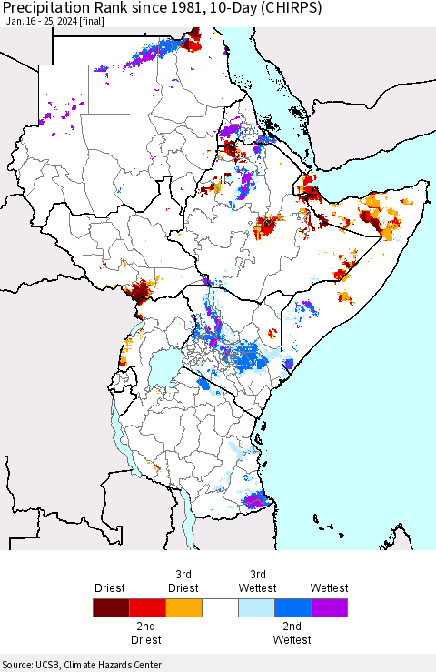 Eastern Africa Precipitation Rank since 1981, 10-Day (CHIRPS) Thematic Map For 1/16/2024 - 1/25/2024