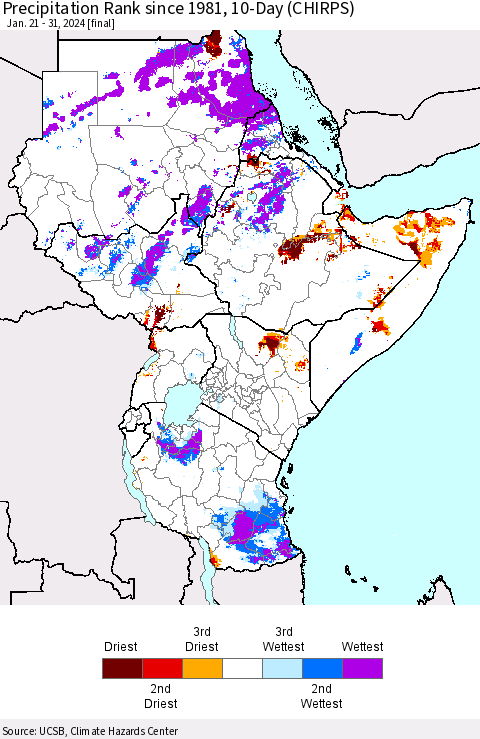 Eastern Africa Precipitation Rank since 1981, 10-Day (CHIRPS) Thematic Map For 1/21/2024 - 1/31/2024