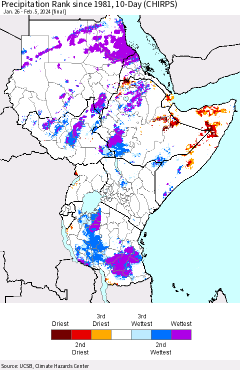 Eastern Africa Precipitation Rank since 1981, 10-Day (CHIRPS) Thematic Map For 1/26/2024 - 2/5/2024