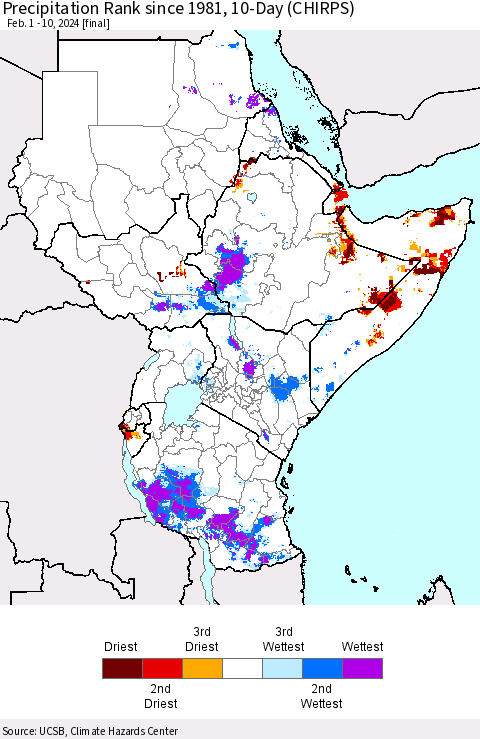 Eastern Africa Precipitation Rank since 1981, 10-Day (CHIRPS) Thematic Map For 2/1/2024 - 2/10/2024