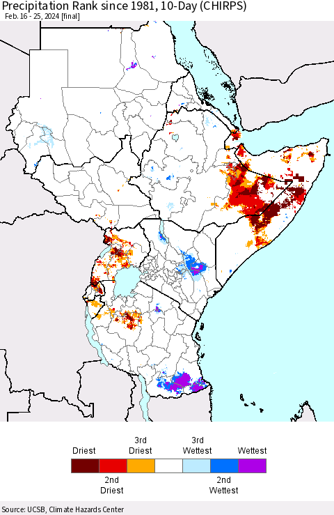 Eastern Africa Precipitation Rank since 1981, 10-Day (CHIRPS) Thematic Map For 2/16/2024 - 2/25/2024