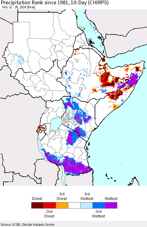 Eastern Africa Precipitation Rank since 1981, 10-Day (CHIRPS) Thematic Map For 2/21/2024 - 2/29/2024
