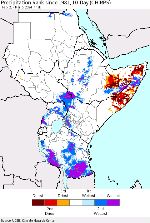 Eastern Africa Precipitation Rank since 1981, 10-Day (CHIRPS) Thematic Map For 2/26/2024 - 3/5/2024