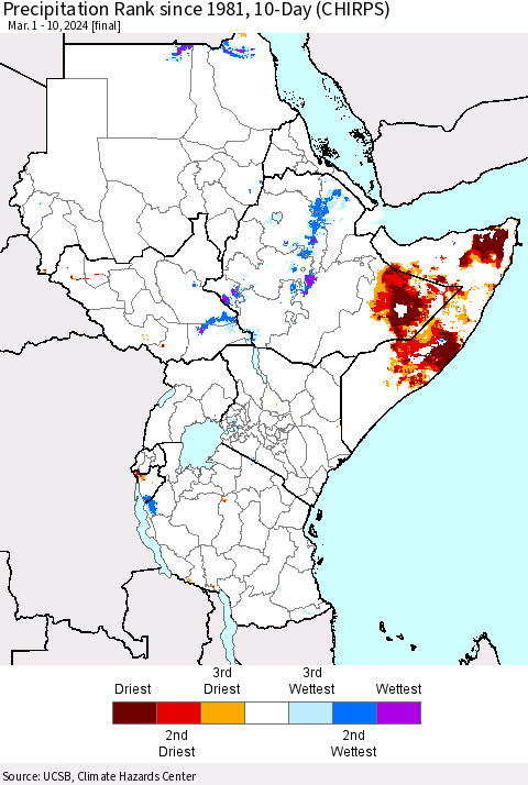 Eastern Africa Precipitation Rank since 1981, 10-Day (CHIRPS) Thematic Map For 3/1/2024 - 3/10/2024